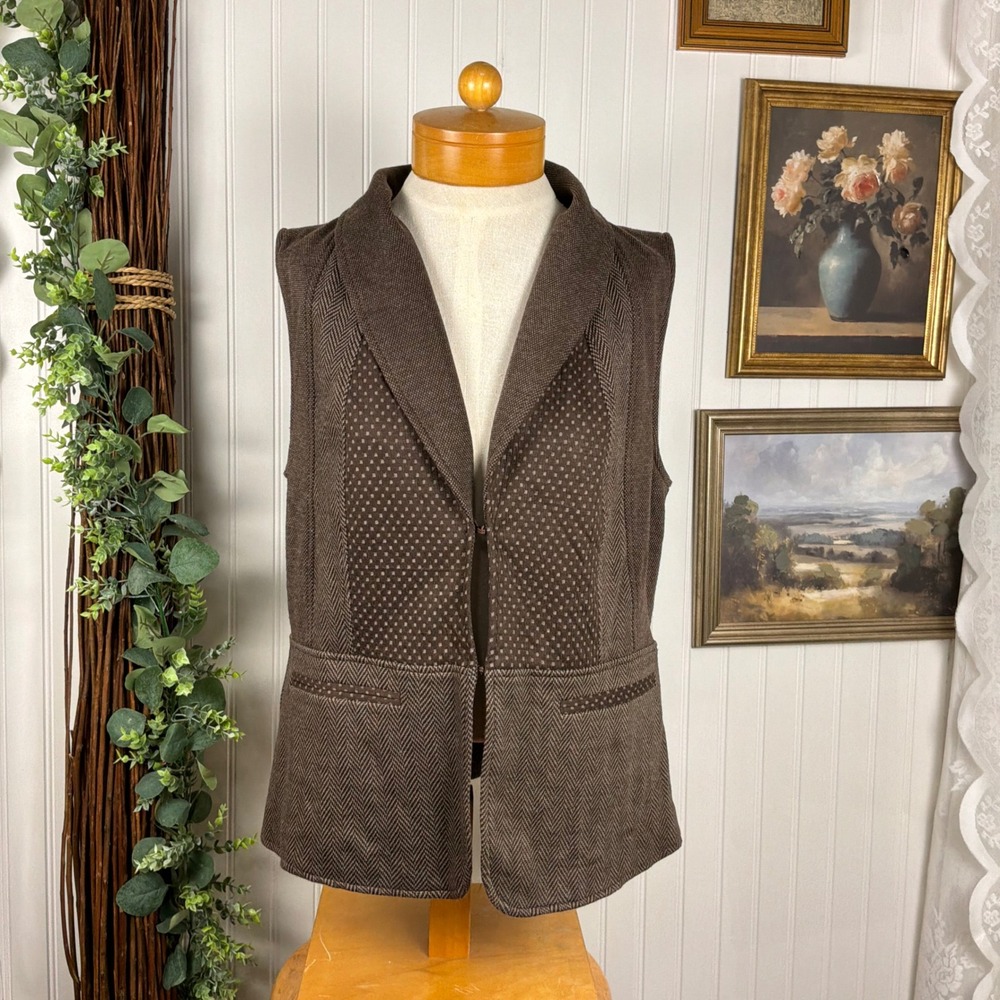 Coldwater Creek Vest Womens XL Brown Herringbone Tweed Polka Dot Dark Academia